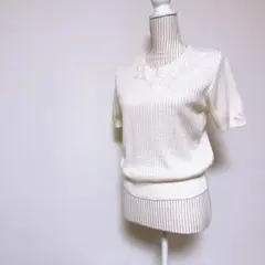 リネン混 刺繍入り サマーニット (M) 日本製 麻 デザイン トップス 美品