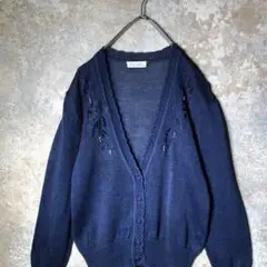 【ヴィンテージ】ビジューと刺繍入り 麻のカーディガン 紺 古着 ZAS12