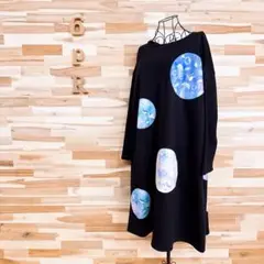 【スカラー】オーバーサイズ スウェット ワンピース クラゲ 水玉ドット M黒×青