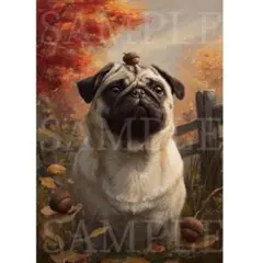 P101 どんぐりとパグ A4サイズ オリジナルアートポスター 犬 絵画