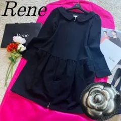 【美品】Rene 膝丈コートワンピース ブラック カメリアチャーム 襟 36