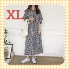 新品　ギンガムチェック シャツワンピース 五部袖　お洒落　レディース　XL