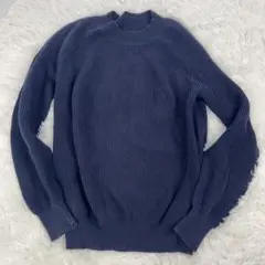 美品　バトナ― シグネチャークルーネックニット　紺　M～L カシミヤ混