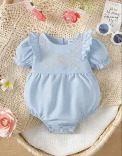 SHEIN 6-9M 半袖 刺繍 ロンパース 水色