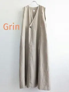 【良品】Grin リネン100 　タックフレアー　ロングジレ日本製　ベージュ