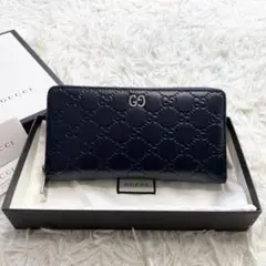 【極美品】グッチ 長財布 インターロッキング シマ GG レザー ネイビー