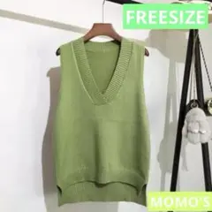 サイドスリット　ニットベスト　FREESIZE くすみグリーン　Vネックベスト