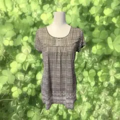 森ガール フェアリーグランジ チェック柄 刺繍半袖チュニック ブラウン