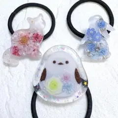 ⑦⑦レジンヘアゴム。3個セット。シマエナガ。猫。うさぎ。樹脂粘土薔薇。忘れな草。