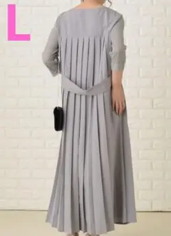 レース 七分袖 ロング丈 バックプリーツ ワンピース ドレス グレー L