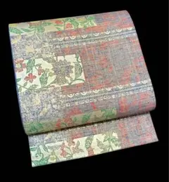牛首紬 白山工房 袋帯 全通柄 正絹 横段花唐草 青海波 証紙 美品 イ5905