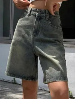 グレー デニム ハーフパンツ ハイウエスト