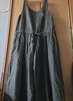 ナチュラル 麻リネン サロペット ゆったり カーキ