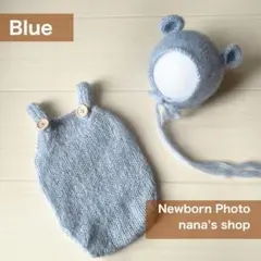 青♪くま耳帽子とクマオーバーオール ニューボーンフォト撮影衣装 ボンネット