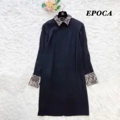 【美品】EPOCA ひざ丈ワンピース チュニック 襟 花柄 レース 黒 38