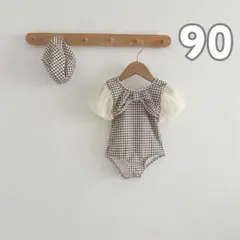 新品未使用 ベビー 水着 90 チェック パフスリーブ 帽子付き 韓国