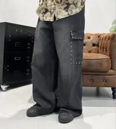 sedagle ブラックデニムパンツ スタッズ付き