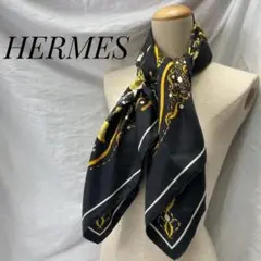 HERMES スカーフ 高級シルク 馬 ホースブラックゴールド フランス製