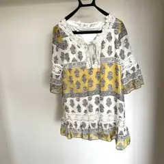 レース装飾付きイエローチュニック　平成ギャル　YVETTE
