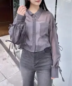 袖リボンシアーシャツ