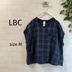 【LBC】チェック柄 レーヨン 麻 半袖ブラウス Mサイズ 青系