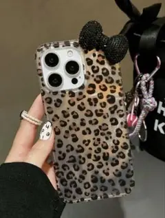 【即購入OK】iPhoneケース ヒョウ柄 ブラック ブラウン リボン ストーン