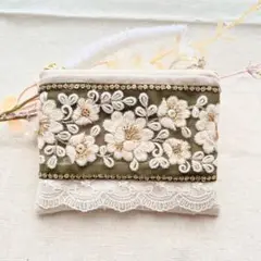 インド刺繍リボン　フラットポーチ　マルチケース　小物入れ　カード入れ　即購入⭕️