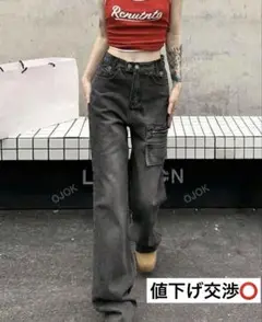 女性用カジュアルゆとりデニム カーゴパンツ