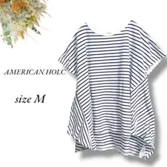 AMERICAN HOLIC 半袖TシャツM ボーダー 青白 裾フレア3967