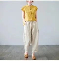ナチュラル系リネン混redステッチ入りカラーパンツ／麻「新作」ナチュラル　M