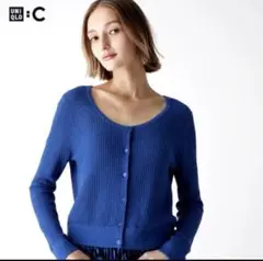 【ユニクロC】レースラウンドネックショートカーディガン ブルー L