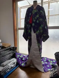 黒紫グレー波模様着物　裾引き　舞台衣装日本舞踊 黒紫グレー波模様着物 裾引き 舞台衣装日本舞踊