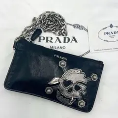 美品 プラダ スカル ポーチ シルバーチェーン セカンドバッグ シルバーブラック