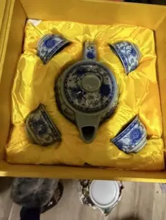 青い花柄 茶道具セット
