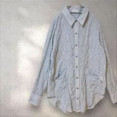 カイエ【M】シャツ トップス 長袖 襟 薄手 ストライプ ポケット 丈長め