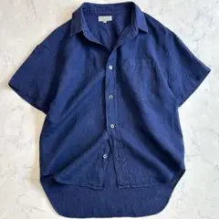 美品【MHL】マーガレットハウエル バンドカラー 半袖 シャツ L ブルー 麻 MHL マーガレットハウエル 半袖バンドカラープルオーバーシャツ
