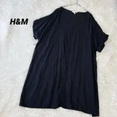 エイチアンドエム　ブラック　 Vネック 半袖　膝丈ワンピース　XL リネン混