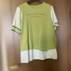 異素材使いグリーン ストライプトップス