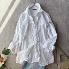 美品(M)長袖フリルシャツ/ブラウス/ストレッチ/白/ホワイト/フェミニン