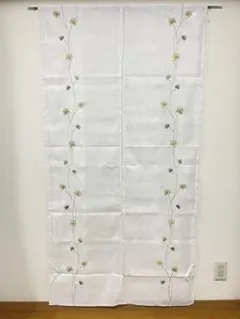 麻混ロング刺繍のれん　ラインフラワー 85x170cm