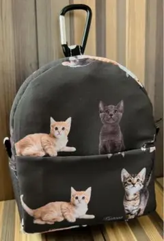 ハンドメイド ミニリュック型ポーチ 黒×ネコちゃん