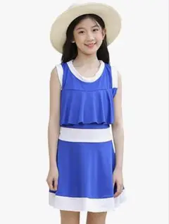 青いフリル付きワンピース水着　2XL 145センチ〜