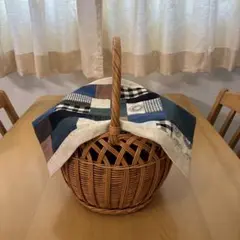 コットン　リネン　カゴカバー　刺し子　ハンドメイド