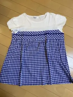 コムサフィユ　160 青　ギンガムチェック　半袖　C①