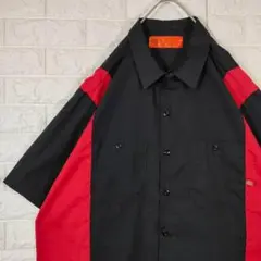Dickies ワークシャツ 両胸ポケット 半袖 レッド ブラック 2XL