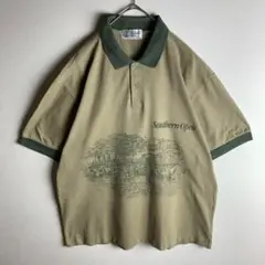 【ポロシャツ　リンガー　くすみカラー　ヴィンテージ感　プリントデザイン　古着】