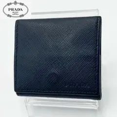 美品 PRADA レザー コインケース サフィアーノ ロゴ 型押し ネイビー