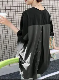 オーバーサイズ 半袖シャツ 黒 シンプルカラーブロック ボタンバック