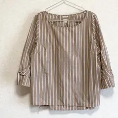大きめサイズ　七分袖カットソー　ストライプ　茶系　3L