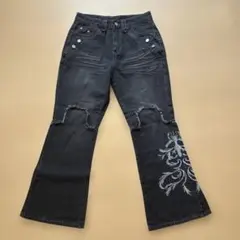 フレアデニム　ダークグレー　刺繍入り